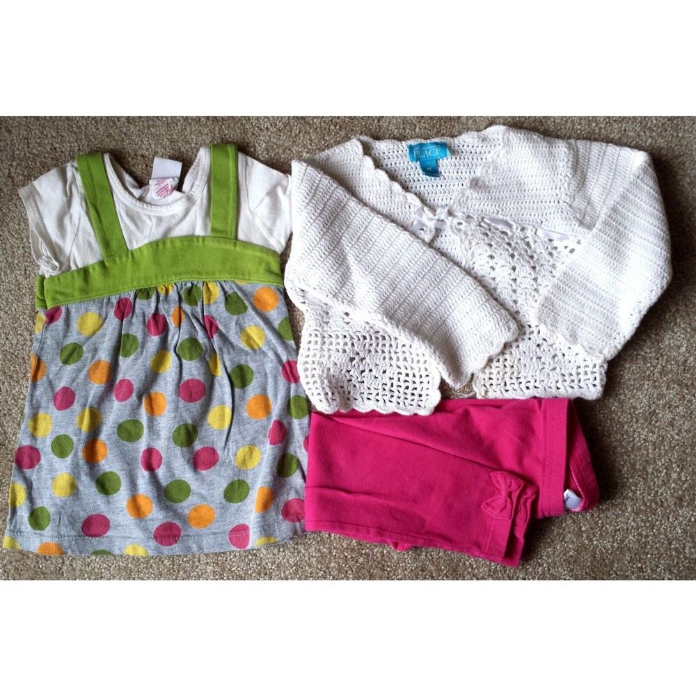 Girl's Size 3 T 3T- 3 Piece White TCP Cardigan, Gray Circo Dots Dress + Leggings